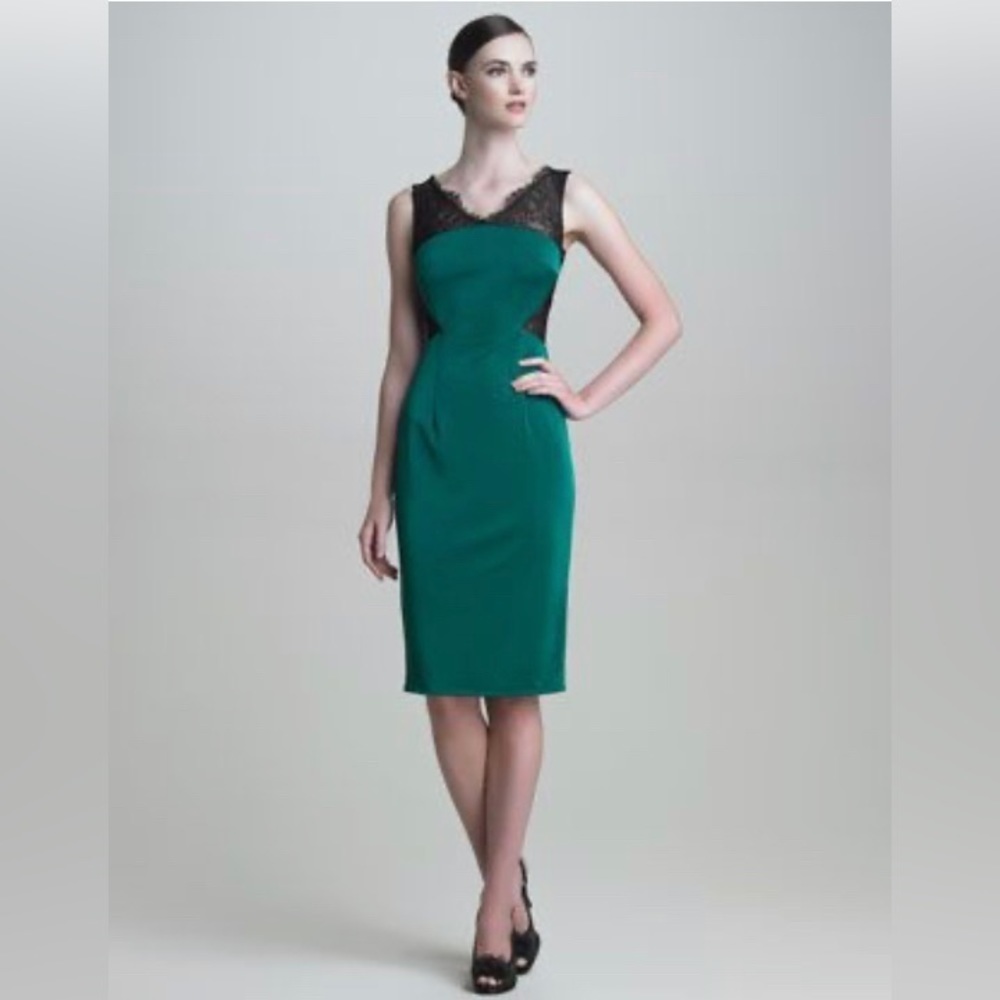 MONIQUE LHULLIER Sz 2 (estimated) Green Sheen Black Lace Top & Side Party Dress - Picture 1 of 11